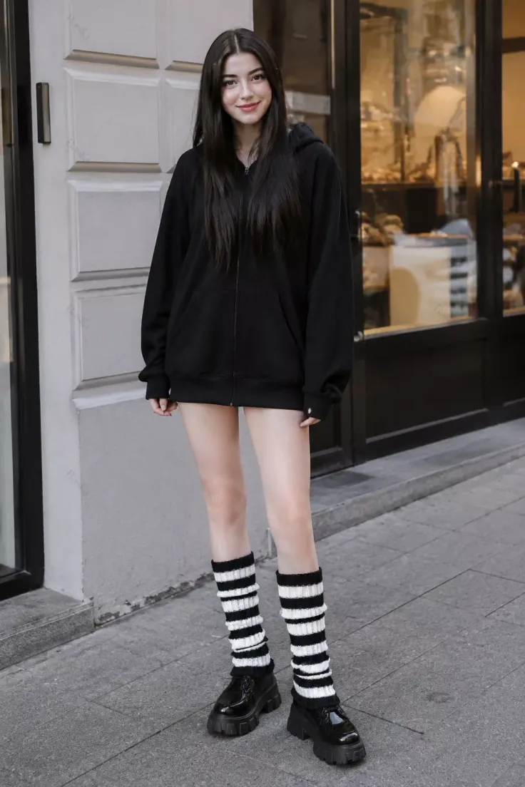 Woman in a black hoodie and striped leg warmers on a city street