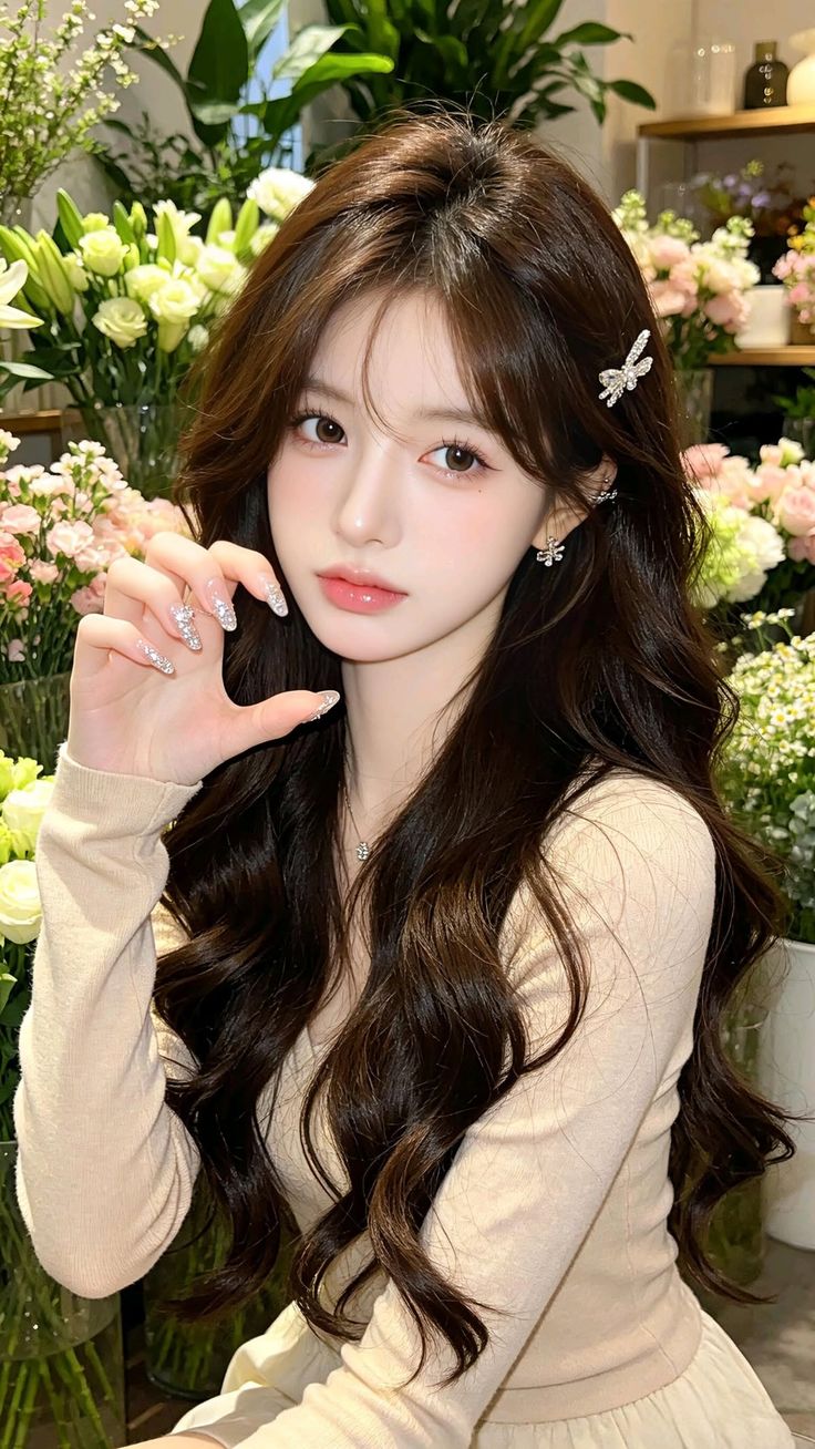 Woman with long wavy hair and sparkling nails posing indoors with flowers