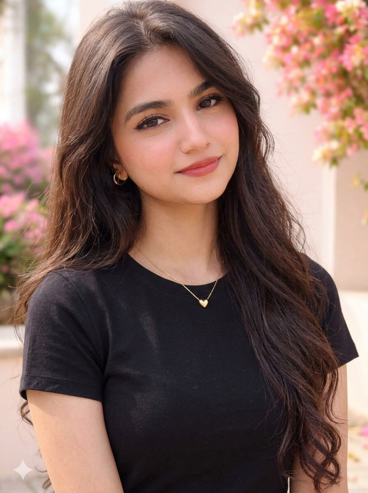 Woman with long dark hair wearing a black t-shirt and heart necklace outdoors