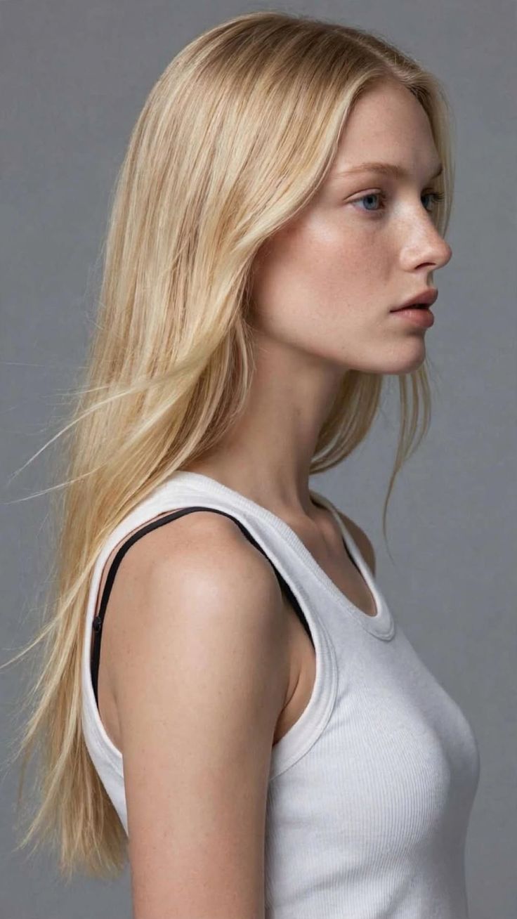 Woman with blonde hair in a white tank top against a gray background
