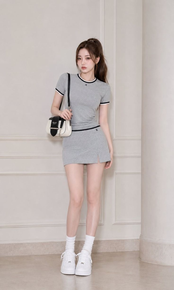 Woman in a gray skirt set with a ponytail and white sneakers indoors