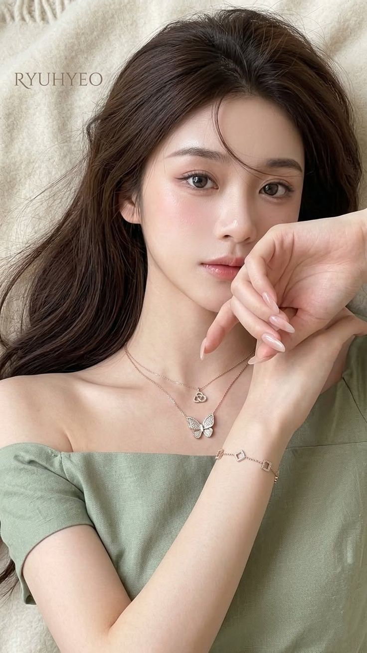 Woman with long hair wearing an off-shoulder top and butterfly necklace