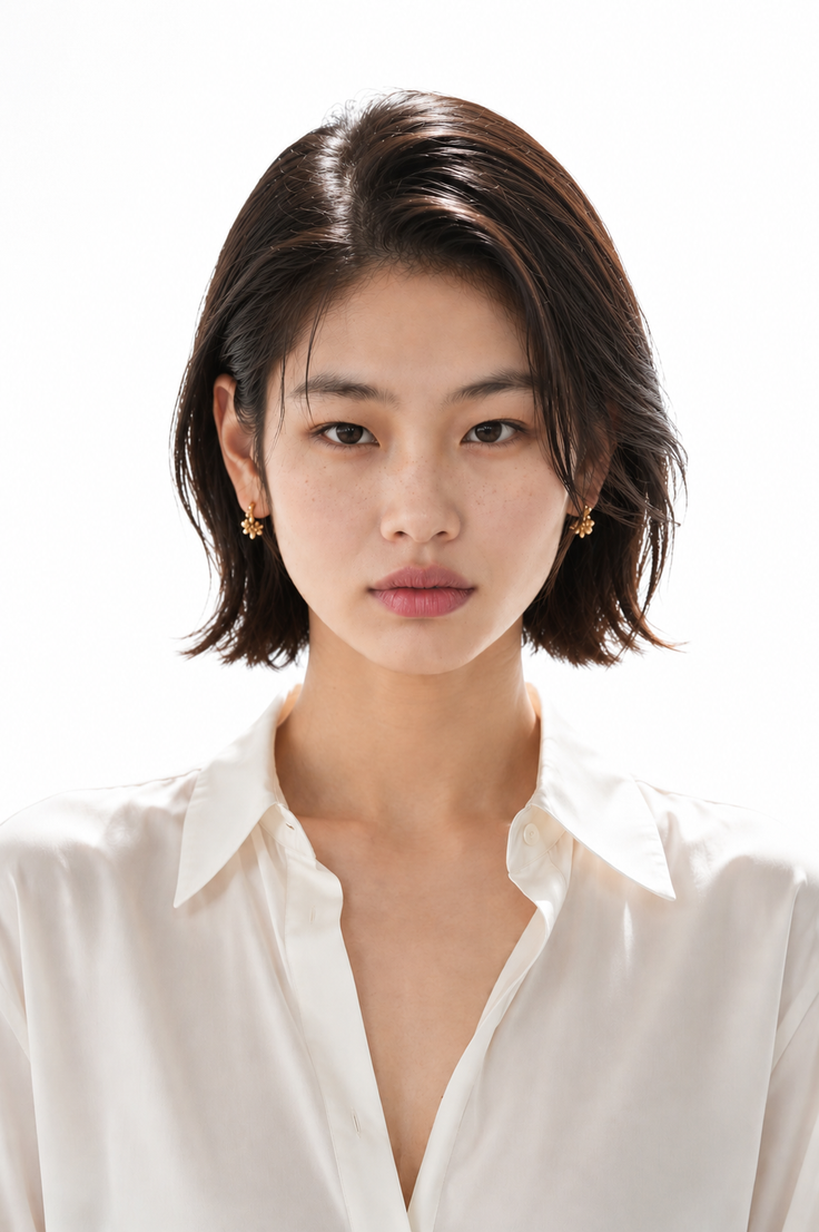 Woman with short dark hair wearing a white shirt and gold earrings