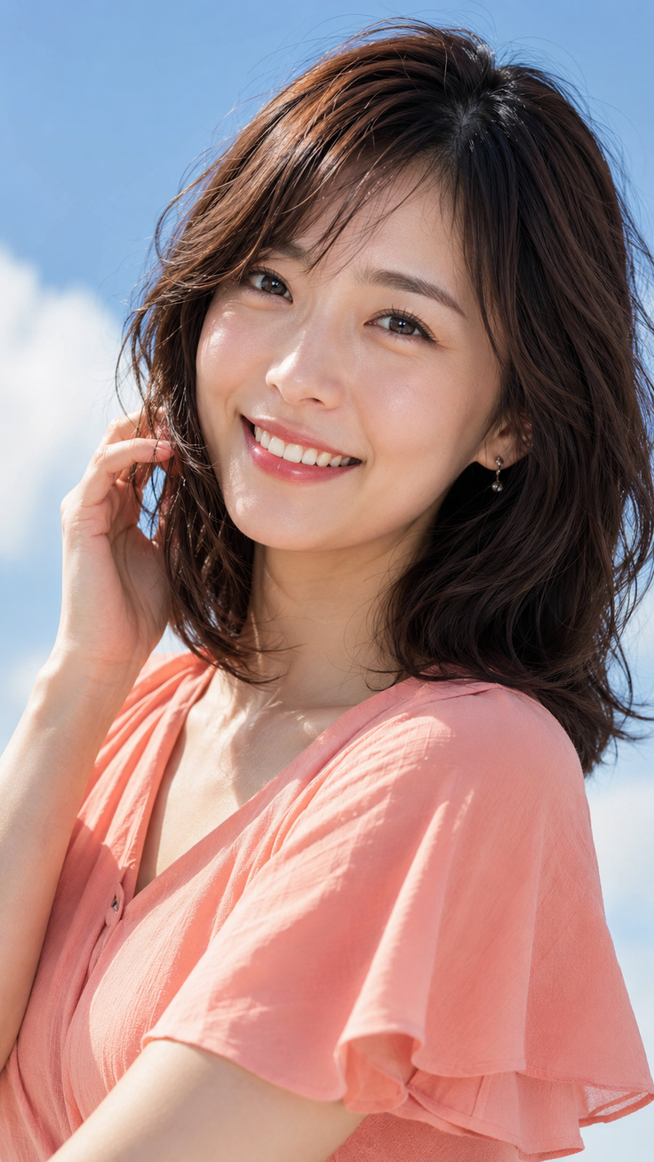 Woman with short brown hair in a peach dress smiling outdoors under a blue sky
