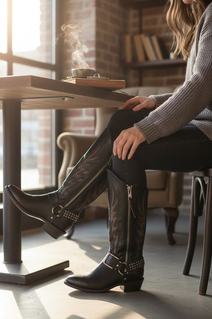 Person in cowboy boots and a gray sweater sitting at a table with a steaming cup