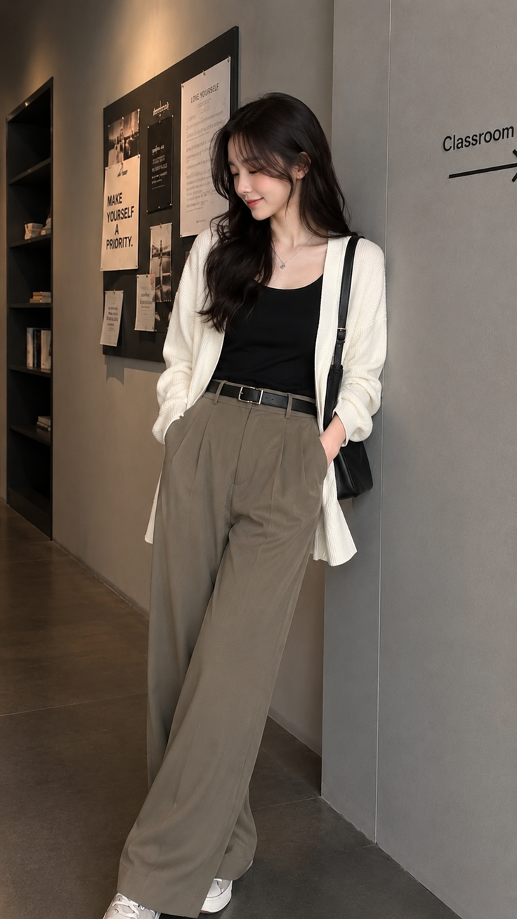 Woman with long dark hair wearing a white cardigan and wide leg pants indoors