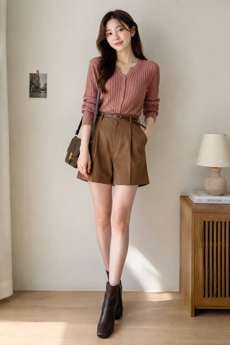 Woman in a pink cardigan and brown shorts posing indoors