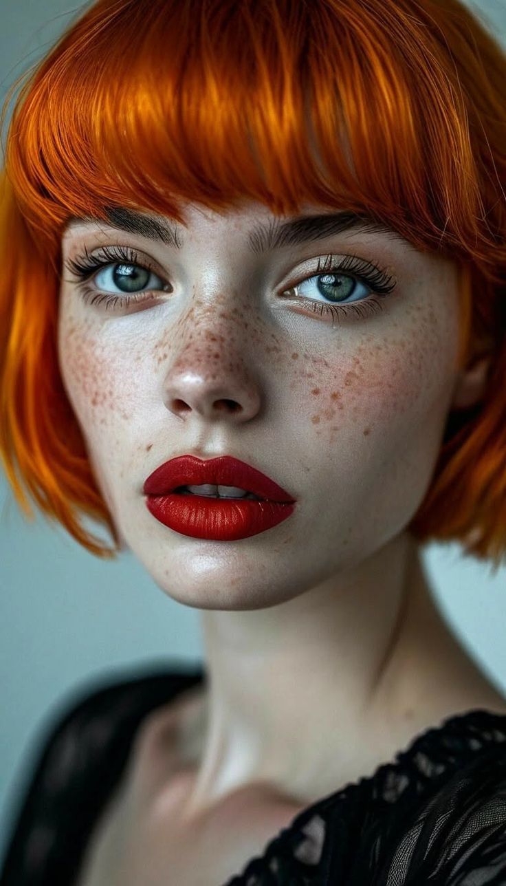 Woman with red hair, freckles, and red lipstick looking directly at the viewer