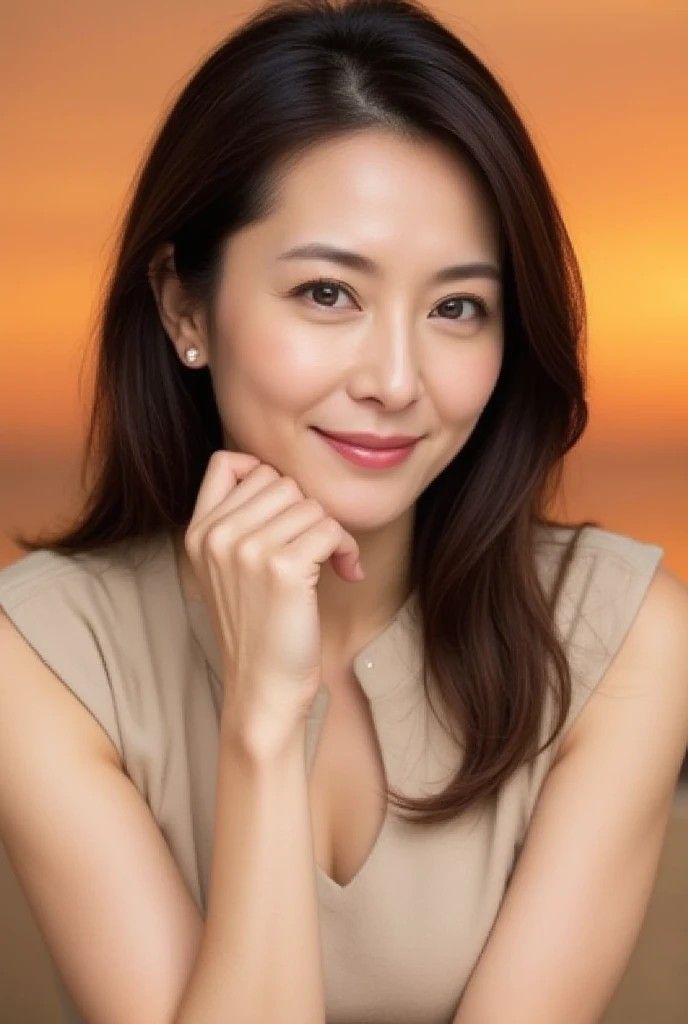 Woman with long hair and pearl earrings in a sleeveless top, smiling at sunset