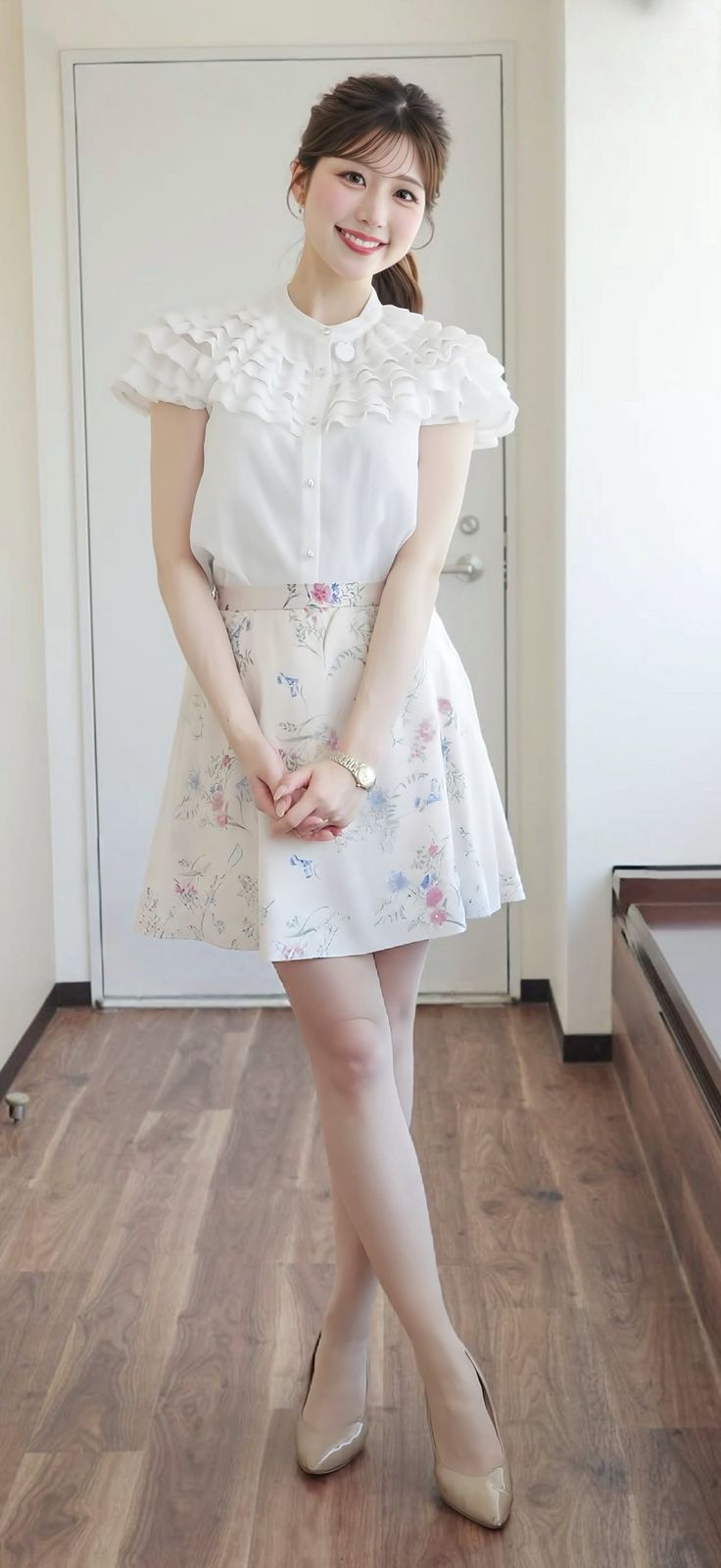 Woman in a white ruffled blouse and floral skirt smiling indoors