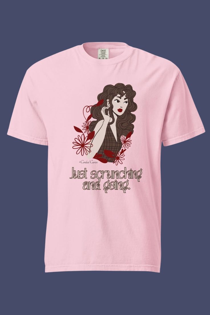 Illustration of a woman with curly hair and red lips on a pink t-shirt