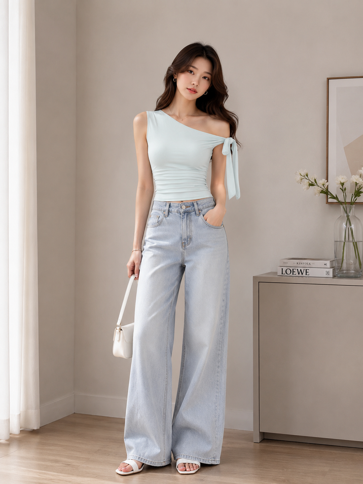 Woman in a light blue one-shoulder top and wide-leg jeans holding a white handbag