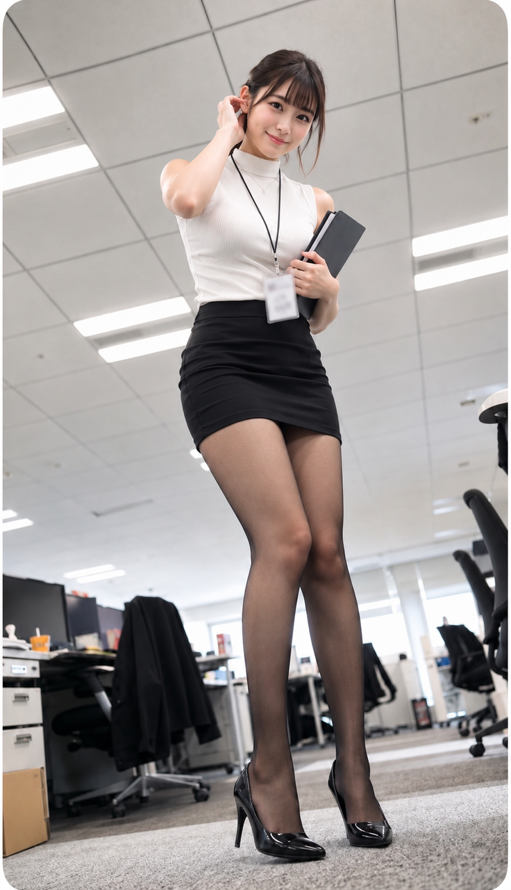Woman in a mini skirt and pantyhose posing in an office