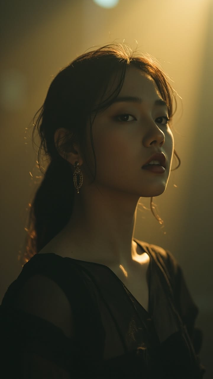 Woman with dark hair and earrings in dramatic backlight