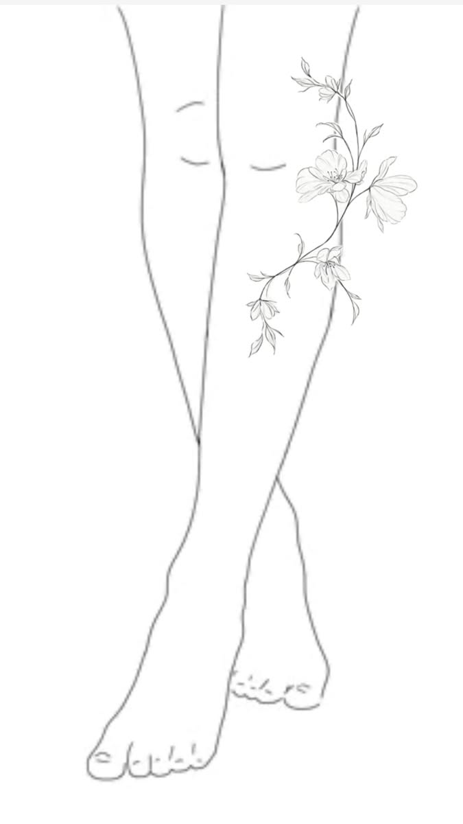 Minimalist line art illustration of crossed legs with a floral design