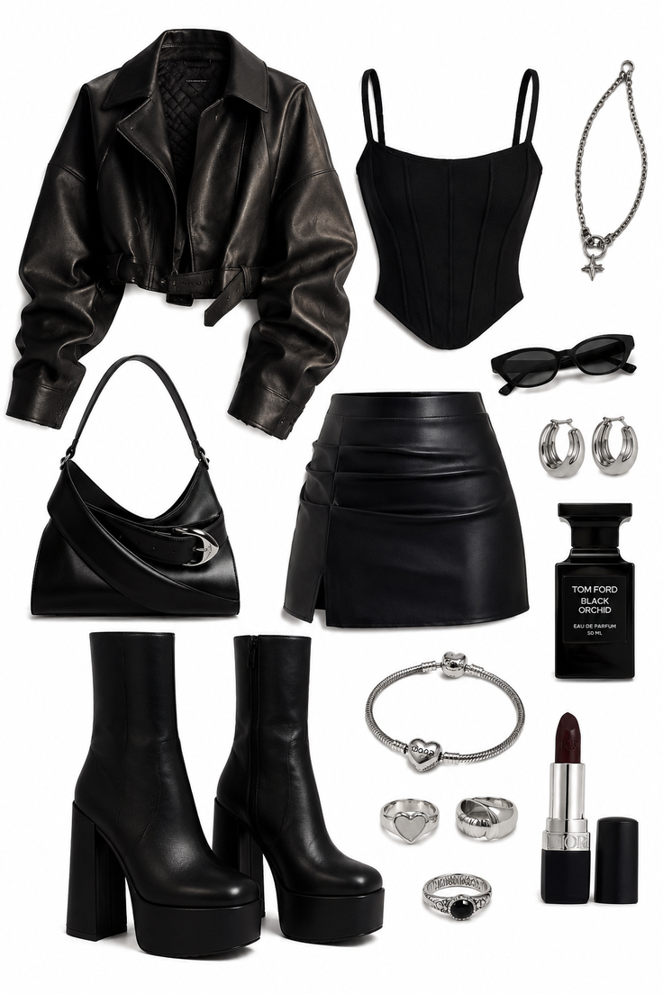 A collection of black clothing and accessories, including a leather jacket and platform boots