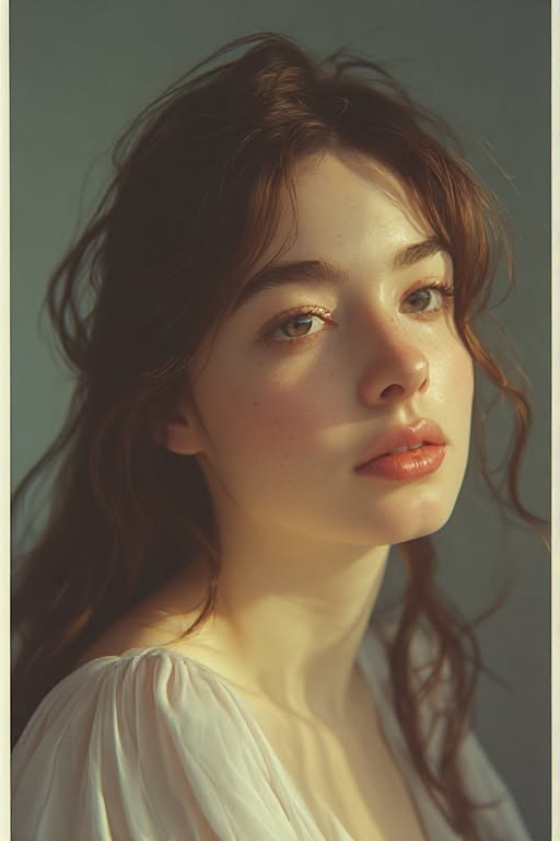 Woman with long brown hair and freckles in soft, warm lighting