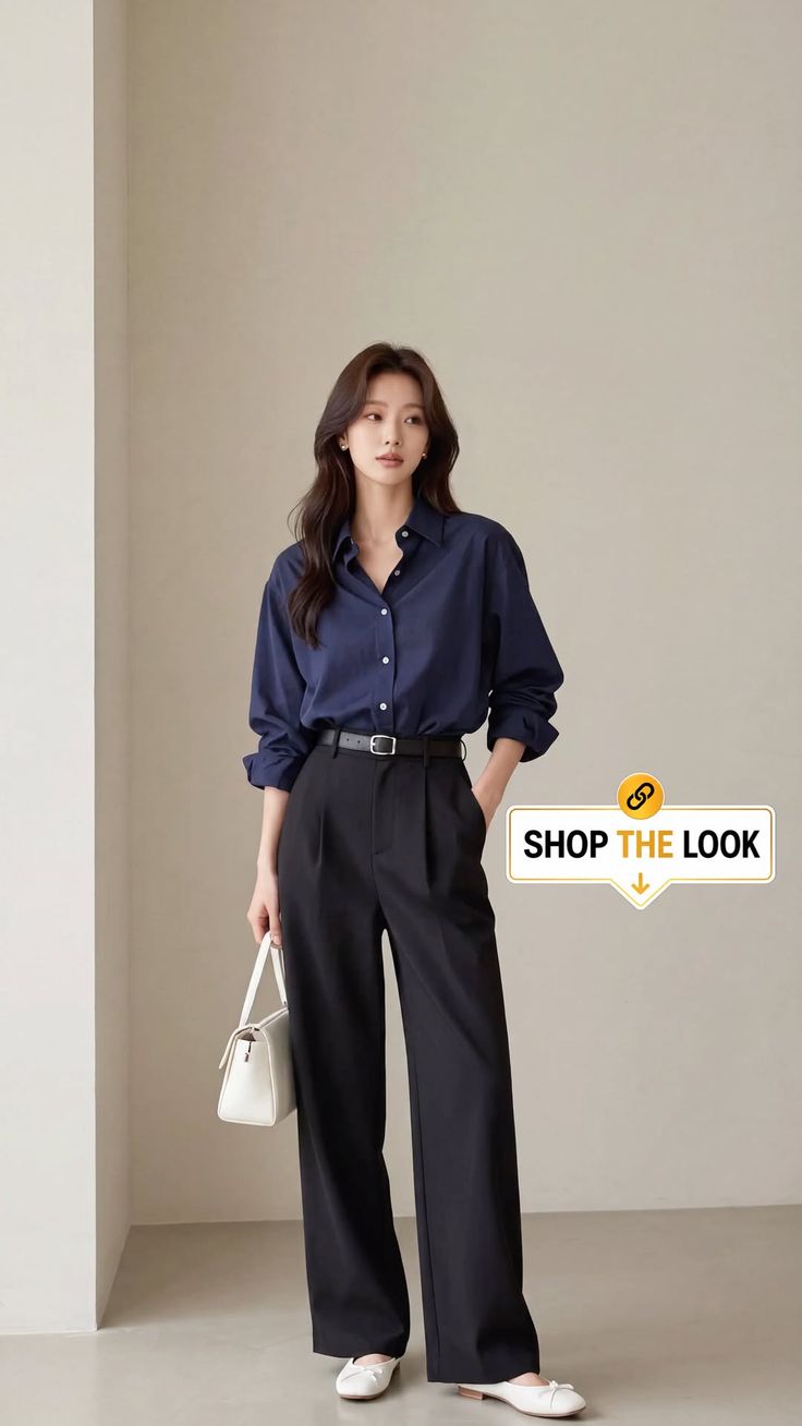 Woman in a navy blue shirt and black pants holding a white handbag