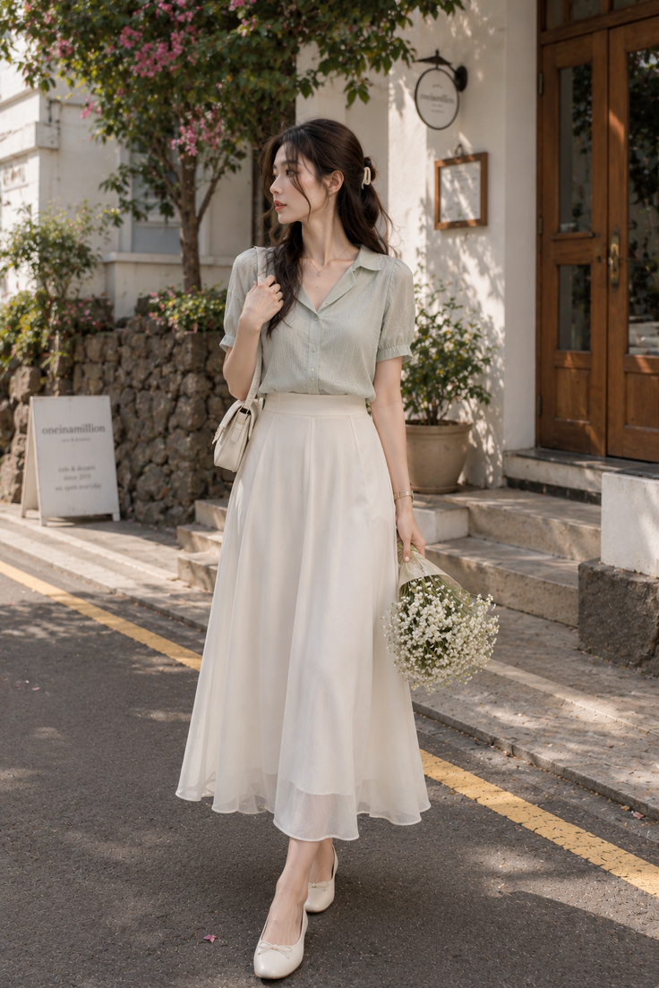 Woman in a light green blouse and white midi skirt walking outdoors with flowers