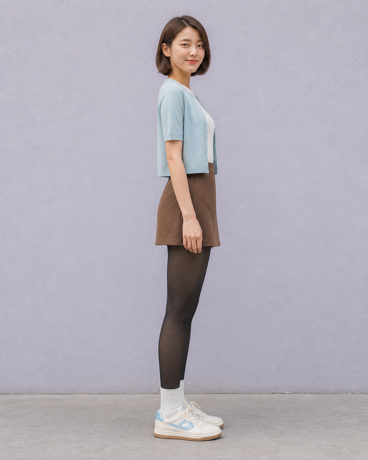 Woman with short hair wearing a cardigan, mini skirt, and tights, standing in side profile