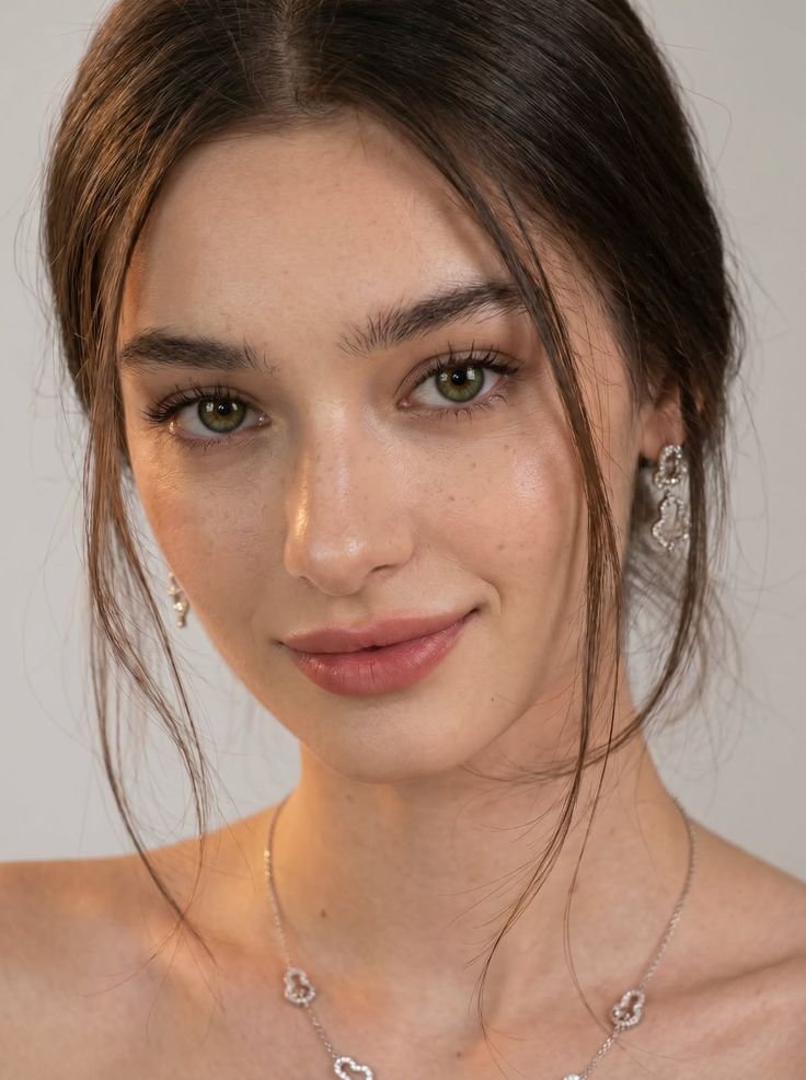 Close-up portrait of a woman with green eyes and brown hair wearing jewelry