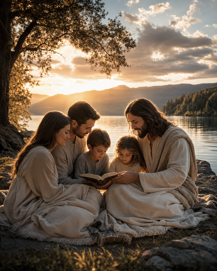 Family reading a book by a lake at sunset