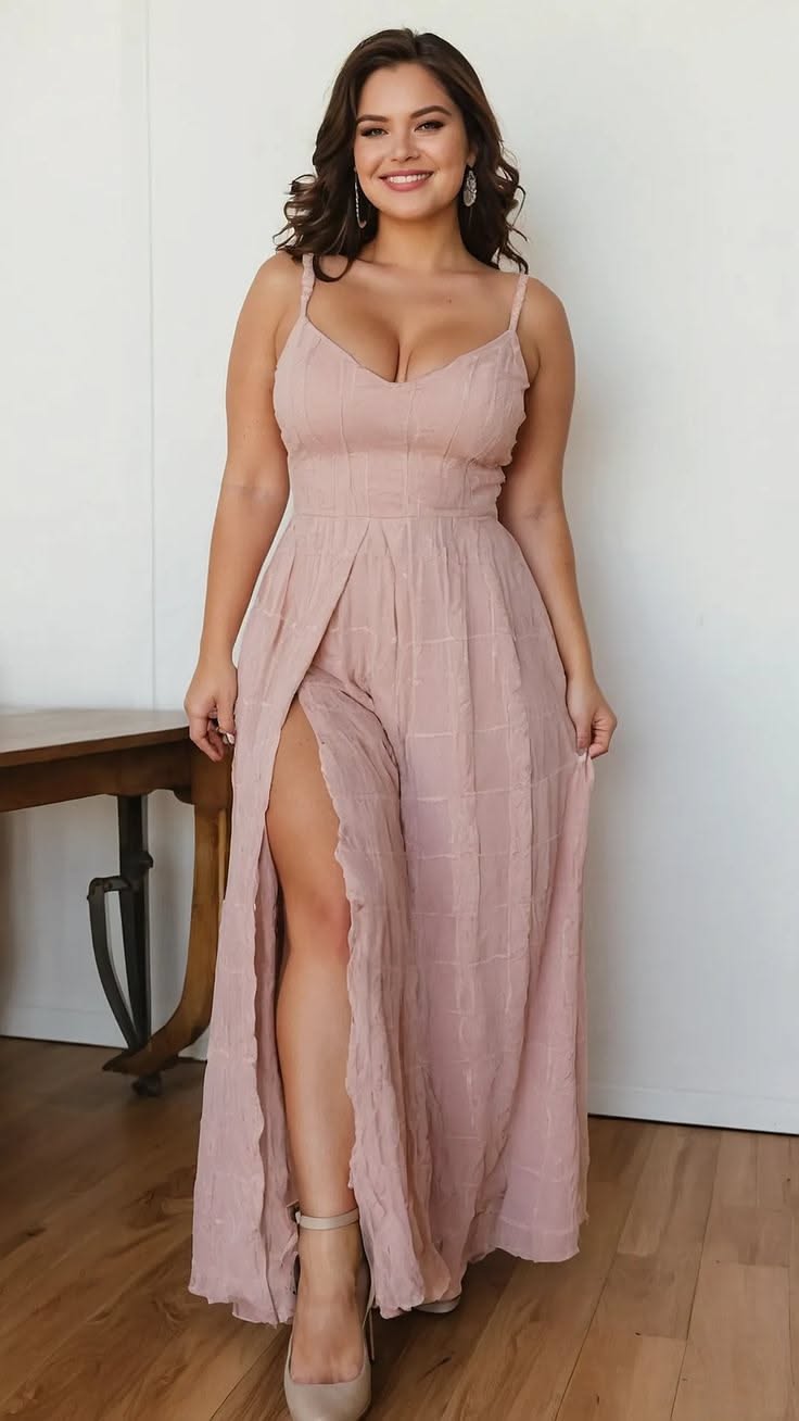 Woman in a pink dress with a high slit and cleavage, smiling indoors