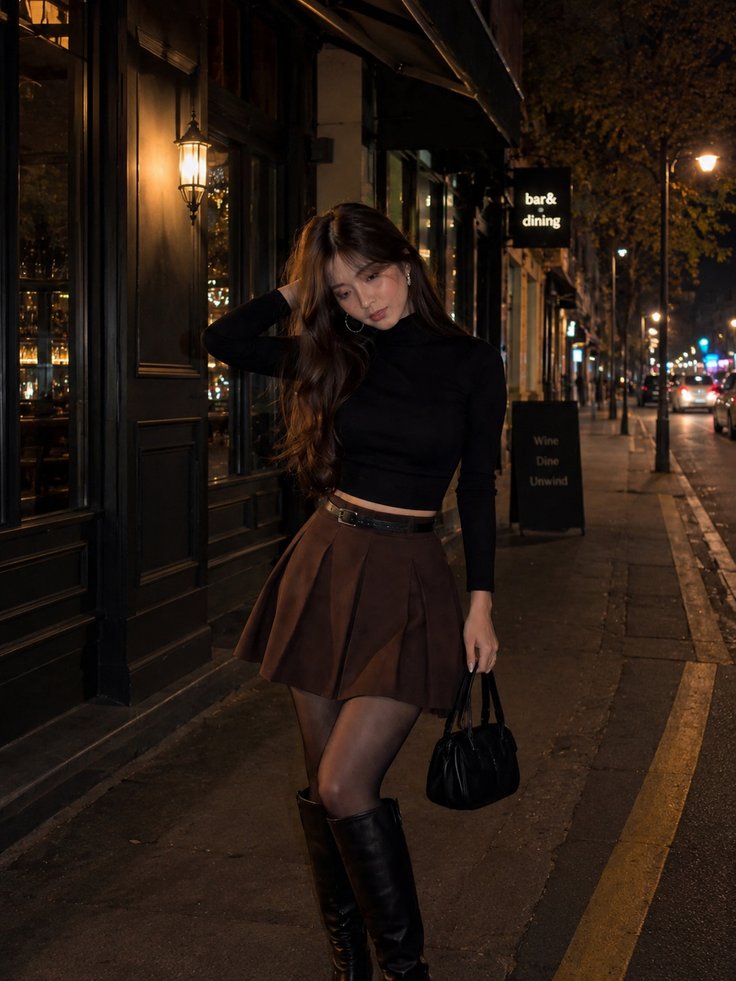 Woman in a black cropped top and brown pleated skirt on a street at night
