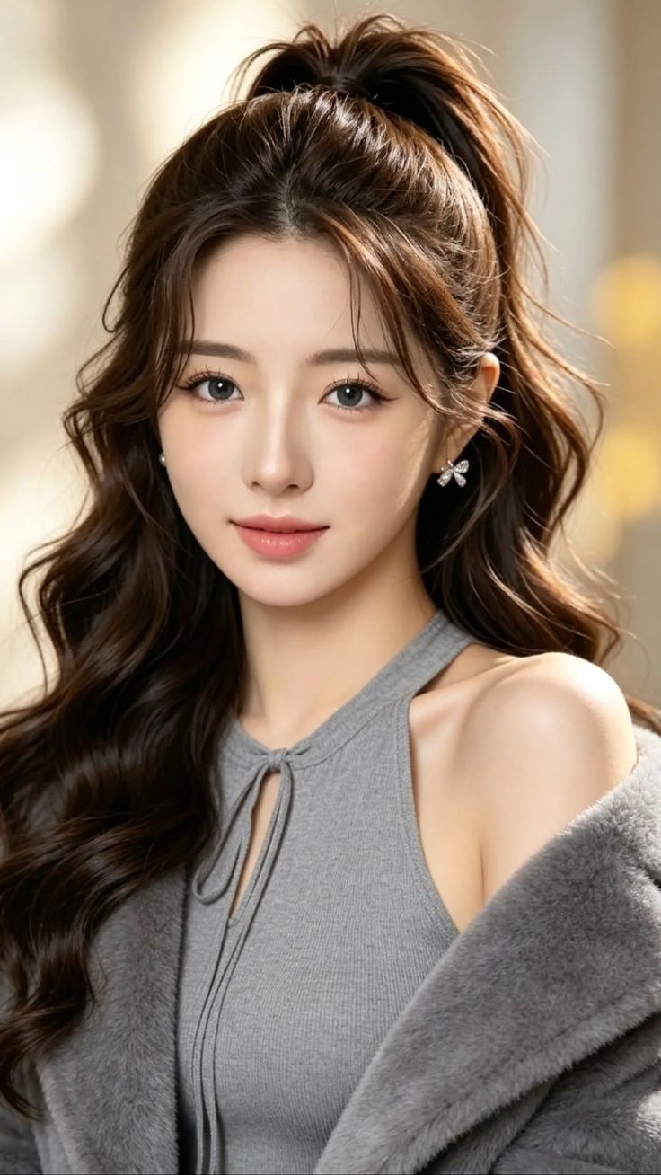Woman with long wavy hair in a ponytail wearing a gray top and fur coat