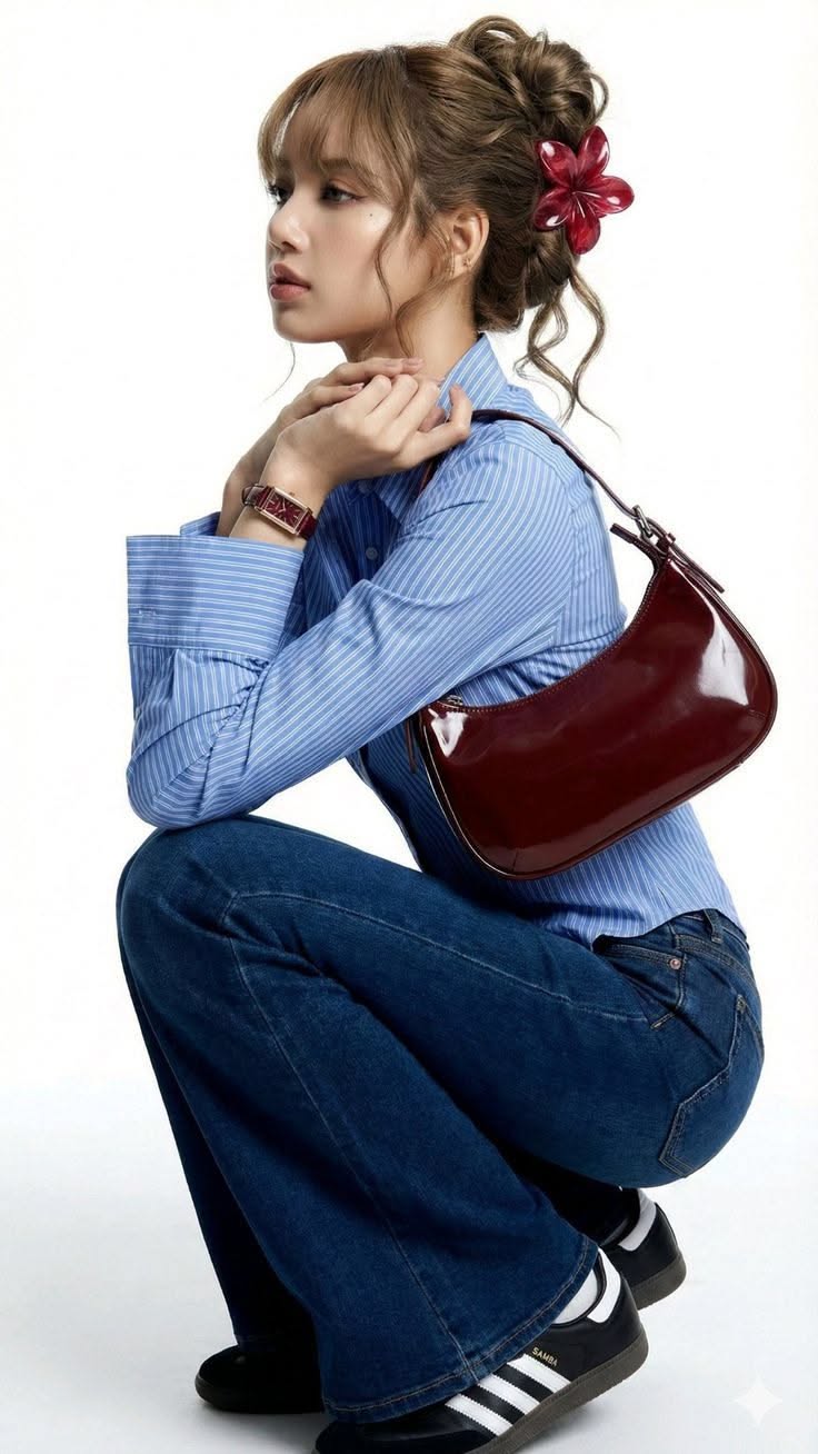 Woman in a blue striped shirt and jeans with a red flower in her hair