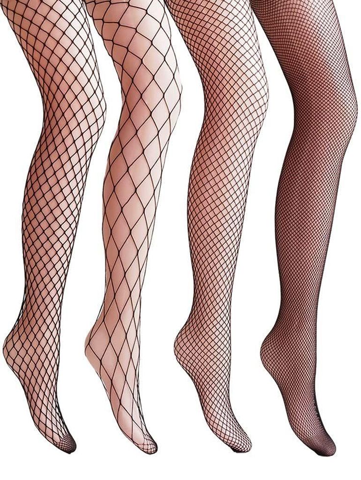 Four pairs of legs wearing different styles of fishnet stockings