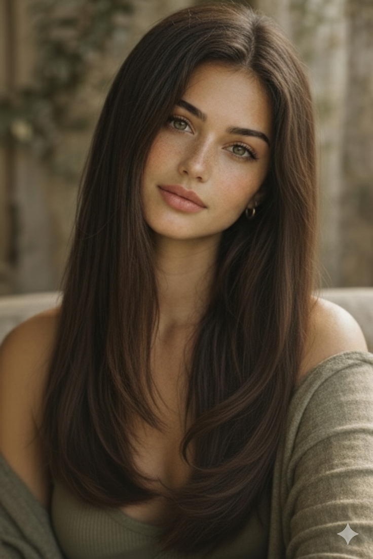 Woman with long brown hair and green eyes wearing an off-shoulder top