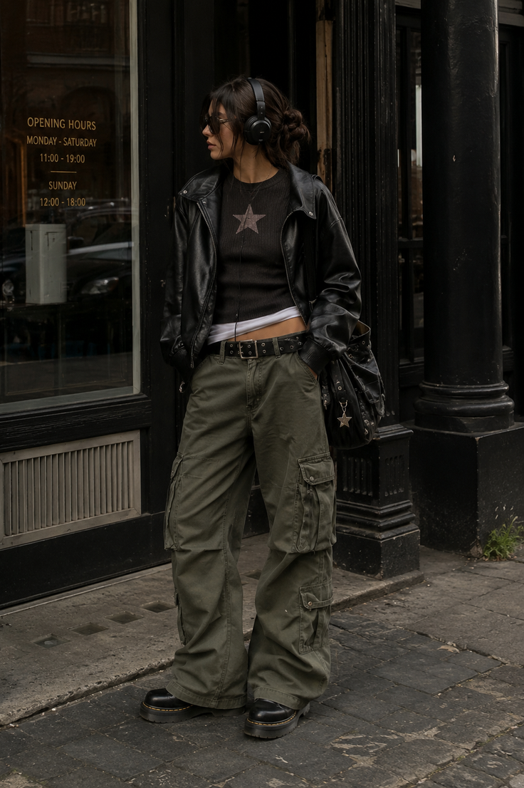 Woman in a leather jacket and cargo pants with headphones on a city street