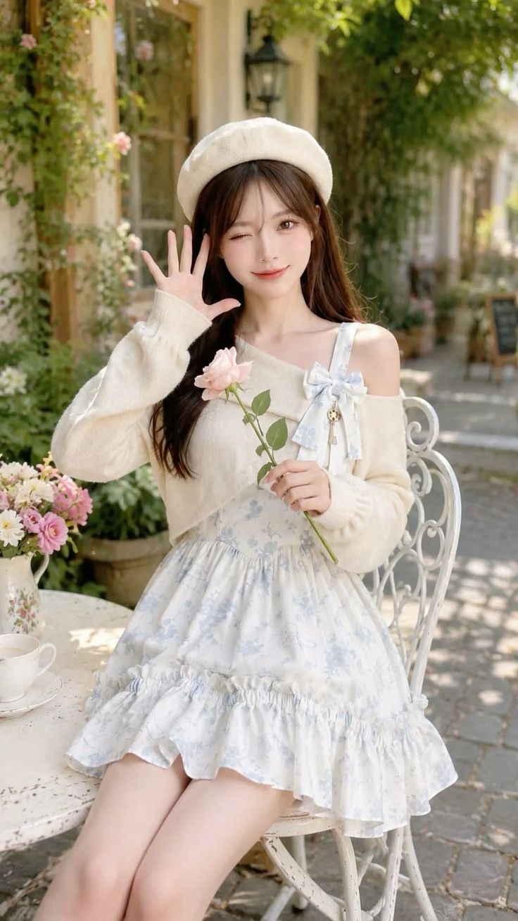 Woman in a floral dress and beret winking and holding a pink rose at an outdoor cafe