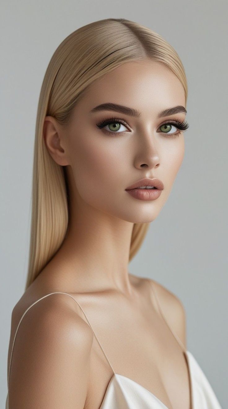 Woman with blonde hair and green eyes wearing a thin strap top