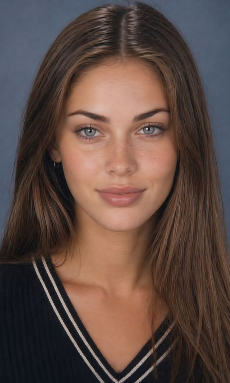 Woman with long brown hair and blue eyes smiling at the camera