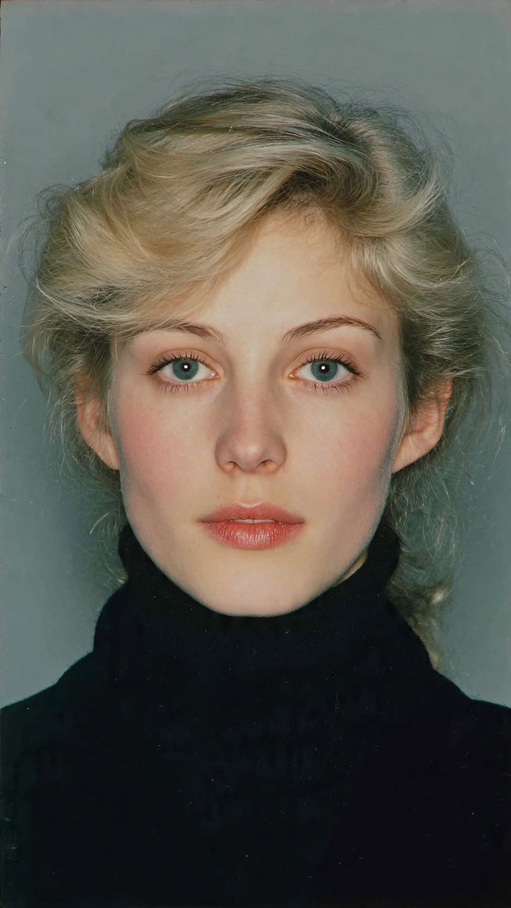 Woman with blonde hair and blue eyes wearing a black turtleneck