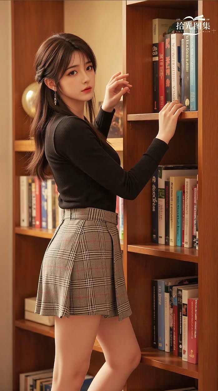 Woman in a black top and plaid skirt standing next to a bookshelf
