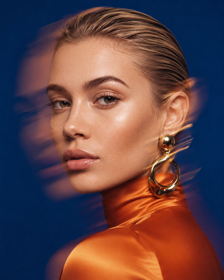 Woman with wet blonde hair and gold earrings against a blue background