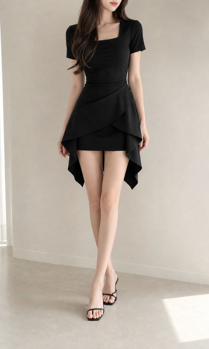 Woman in a black dress and high heels posing indoors