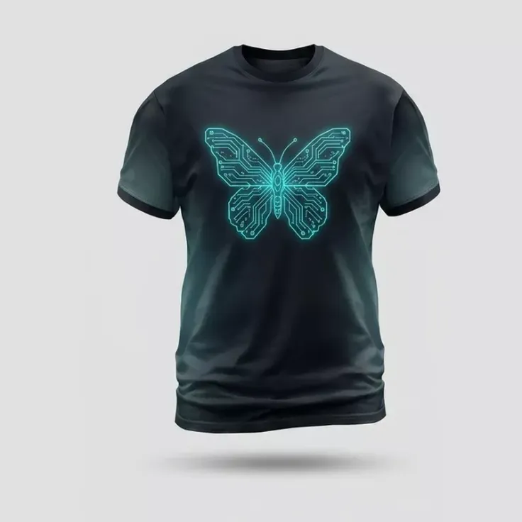 Dark t-shirt with a glowing circuit board butterfly design
