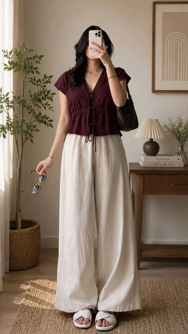 Woman in a maroon top and wide leg pants holding sunglasses indoors