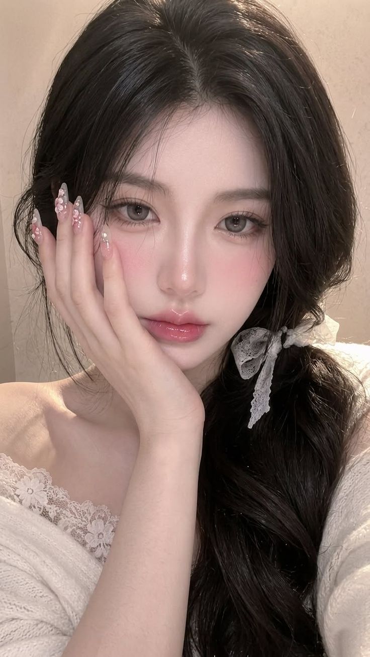 Woman with long black hair and a lace top, holding her hand to her face