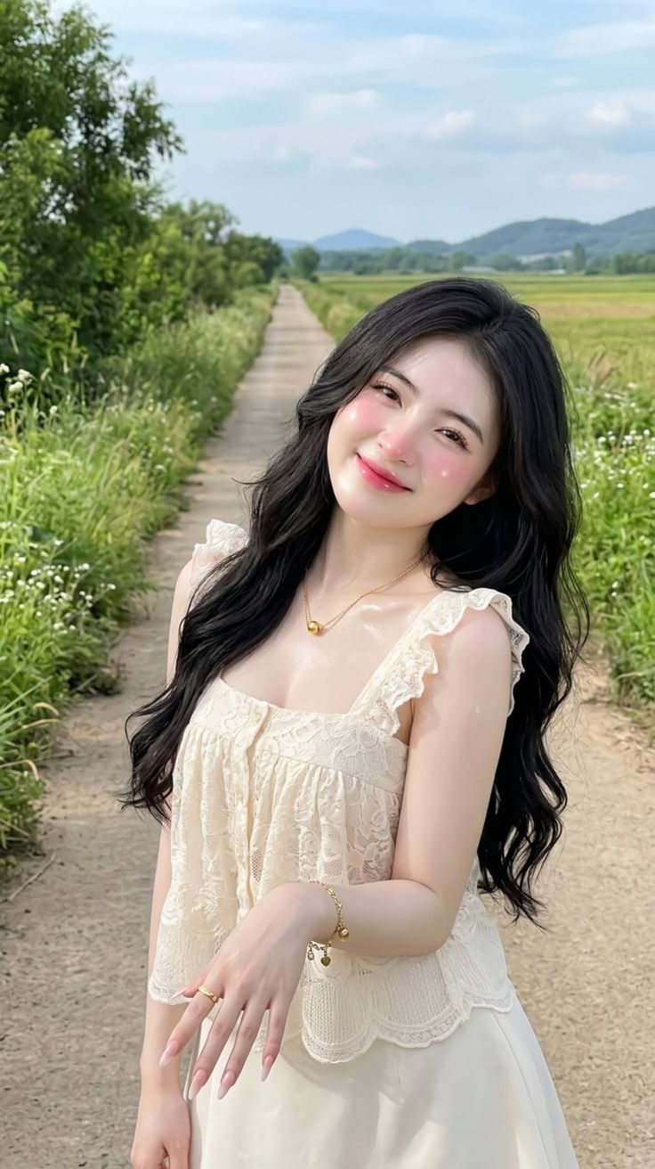 Woman with long dark hair wearing a lace top and jewelry in the countryside