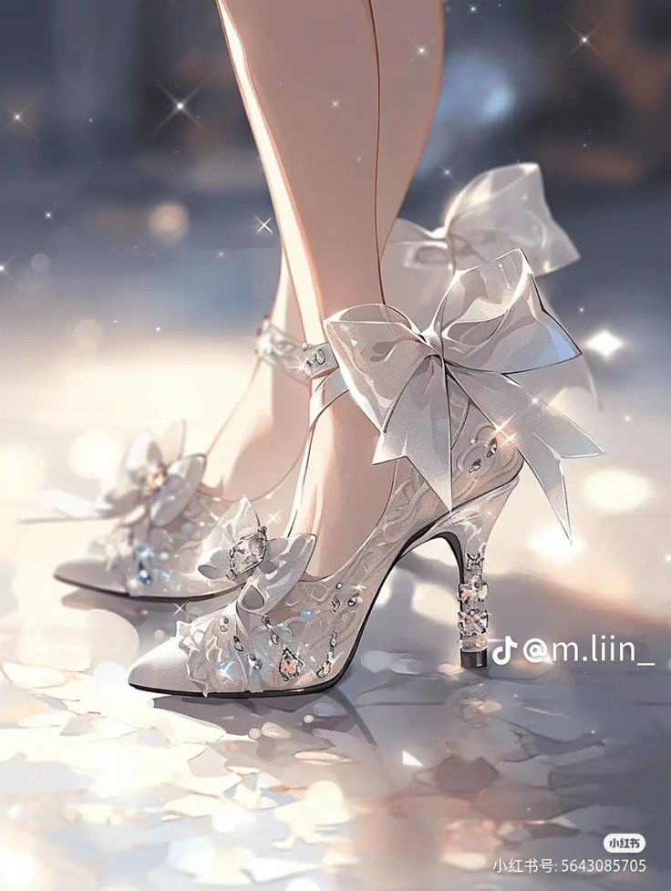 Elegant white high heels with large bows and sparkling details