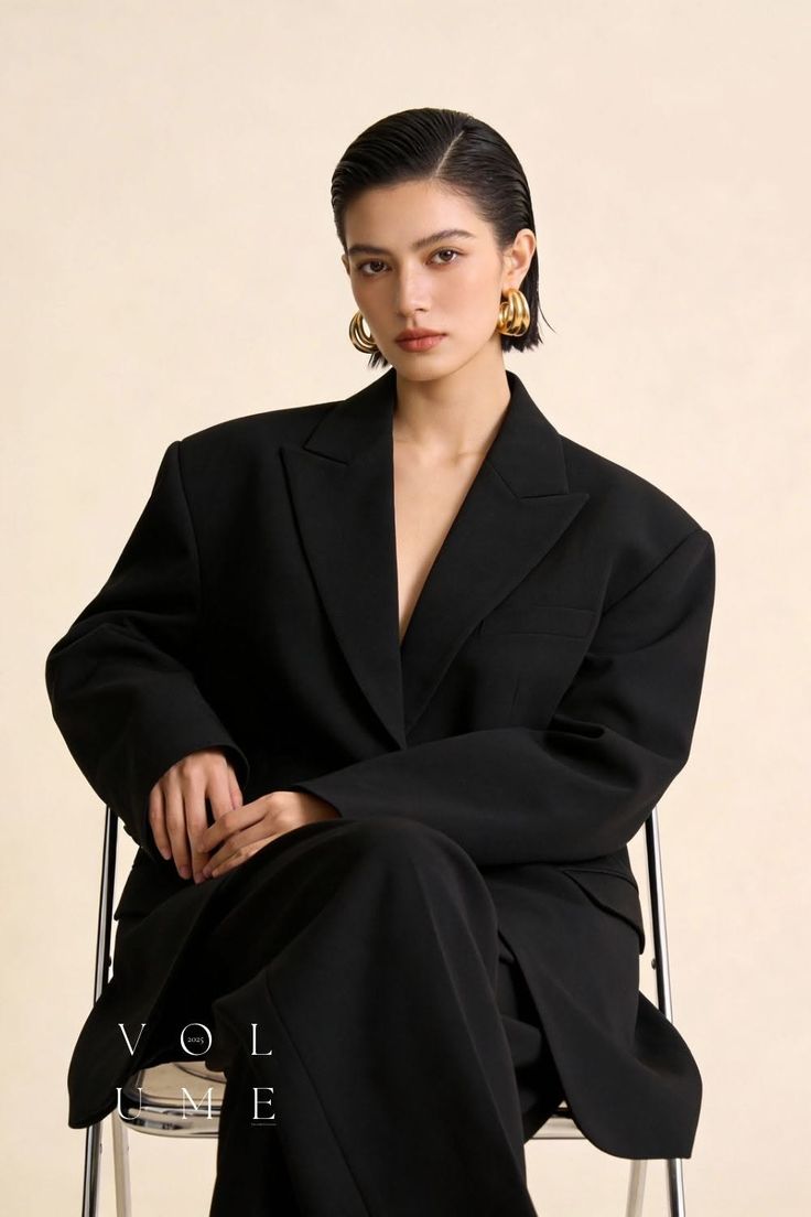 Woman with short hair and gold earrings wearing a black suit, sitting indoors