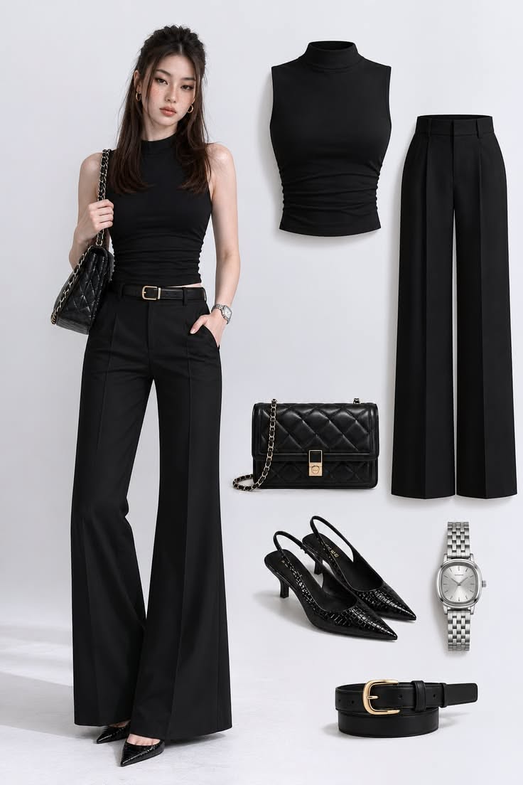 Woman in a black sleeveless top and wide leg pants with matching accessories