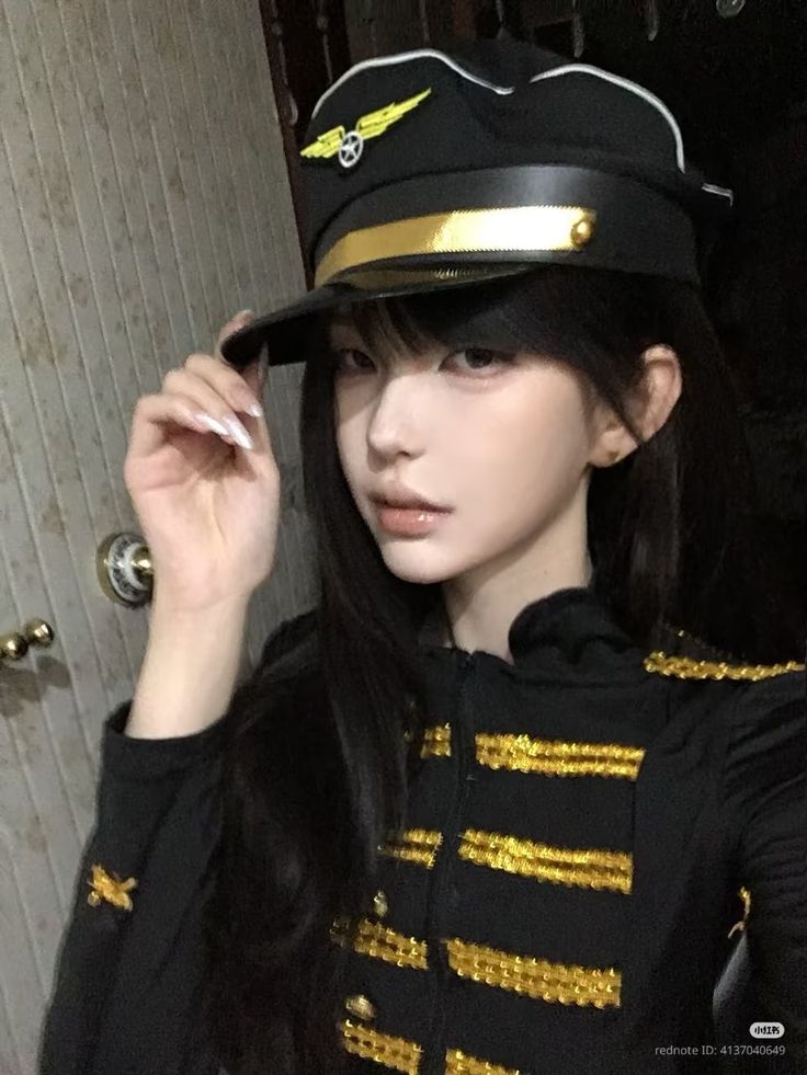 Person in a black pilot uniform with gold trim, holding their hat