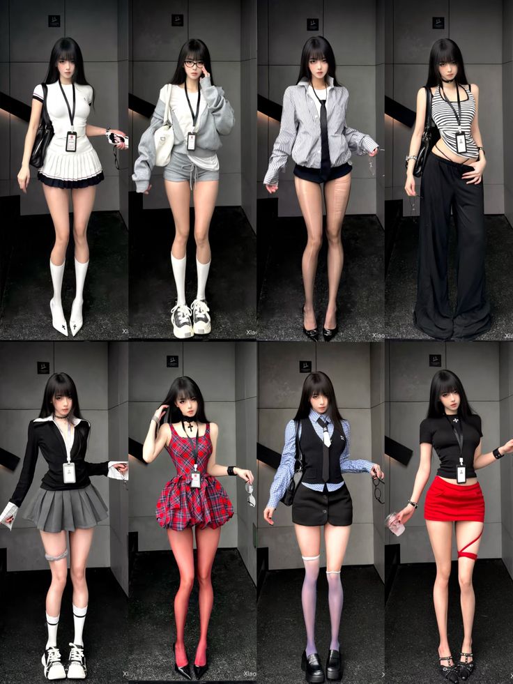 Multiple women in various outfits, including school uniforms and casual wear