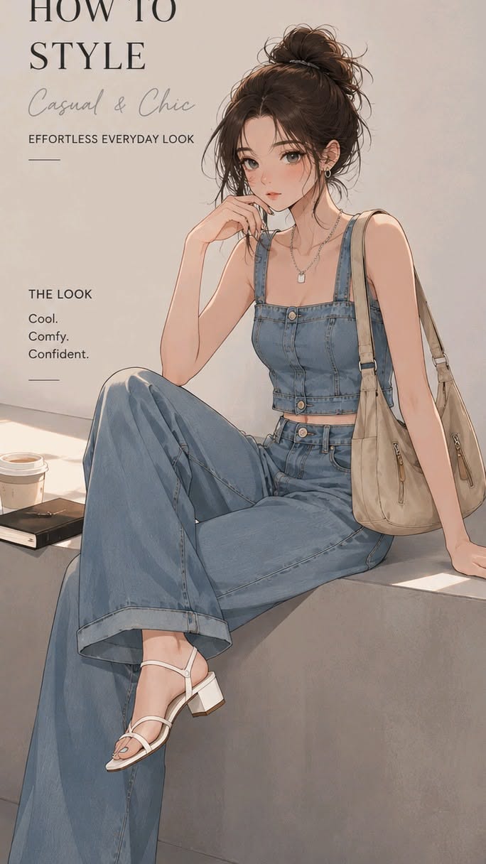 Anime style illustration of a woman in a denim crop top and wide leg jeans